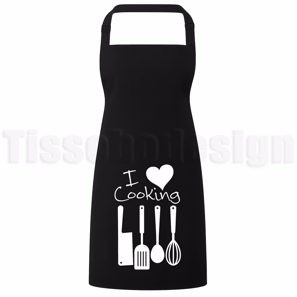 Förkläde med texten I love cooking och illustration av kniv, stekspade, sked och visp – perfekt för matälskare