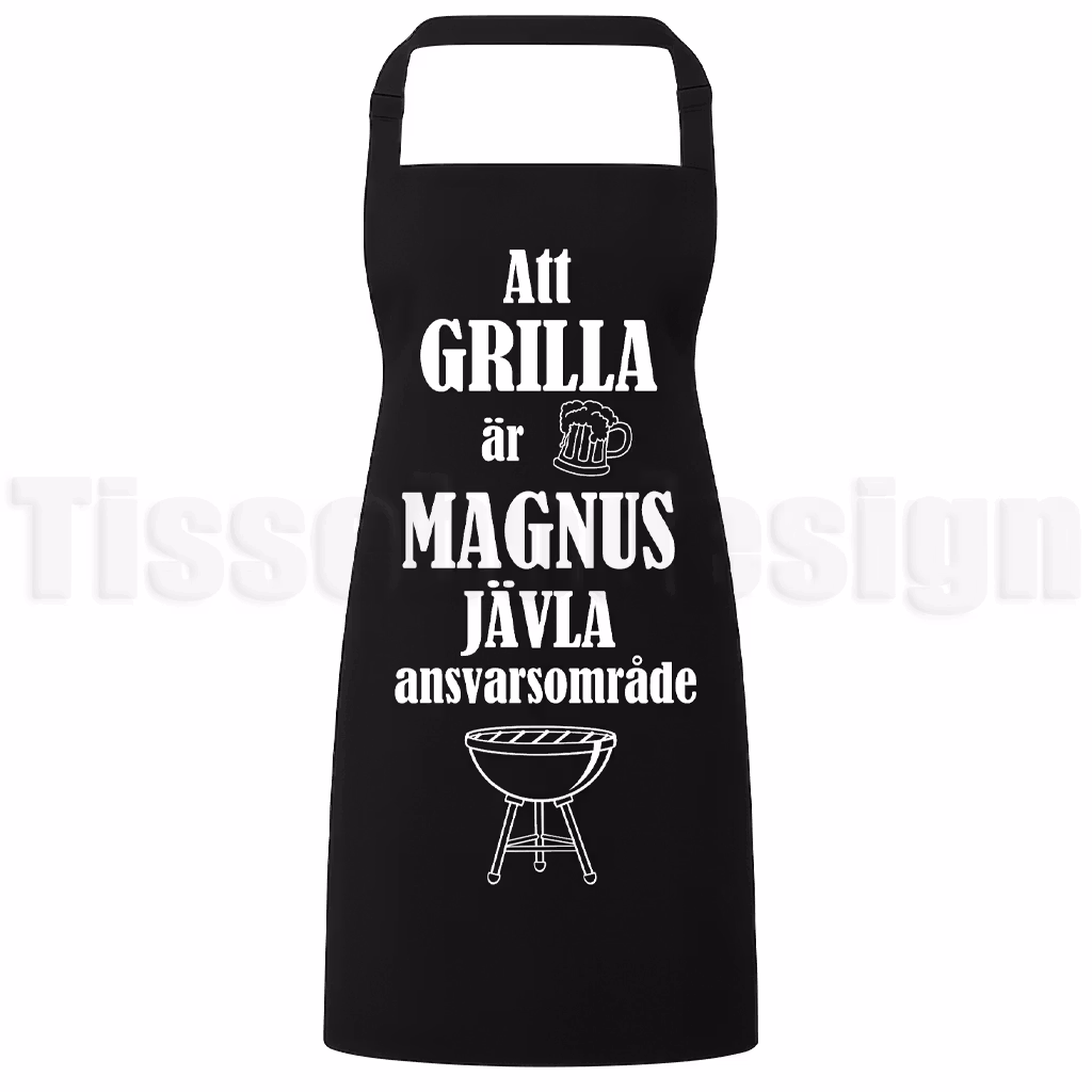 Förkläde med texten Att grilla är [namn]s jävla ansvarsområde samt illustration av öl och grill – personlig och rolig design
