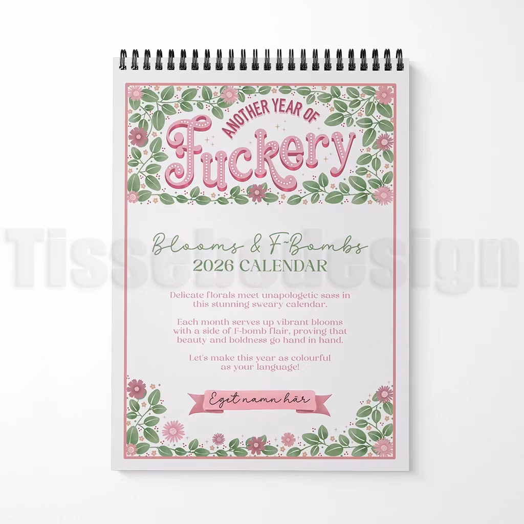 Kalender med färgstarka svordomsmotiv och blommig design