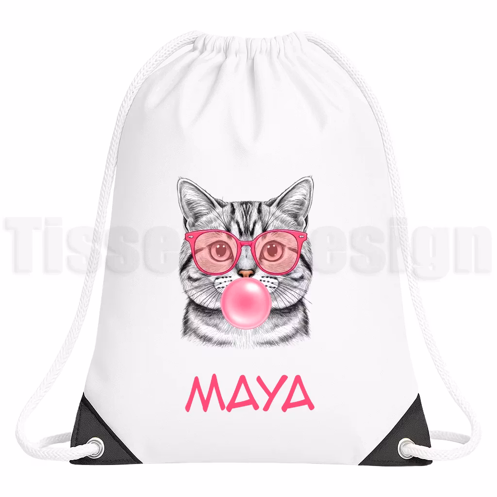 Gympapåse med kattmotiv, rosa bubbelgum och namnet MAYA – anpassad text för barn