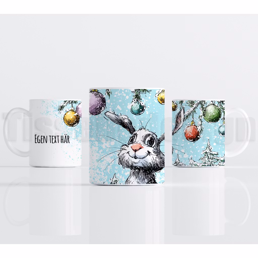 Julmotiv med tecknad kanin, hängande julkulor och snöfall