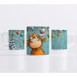 Julmugg – Highland cow med julkulor och vintergran