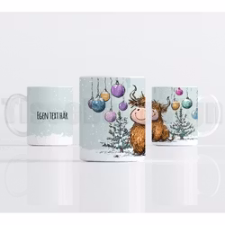 Julmugg – Highland calf med julkulor och valfri text