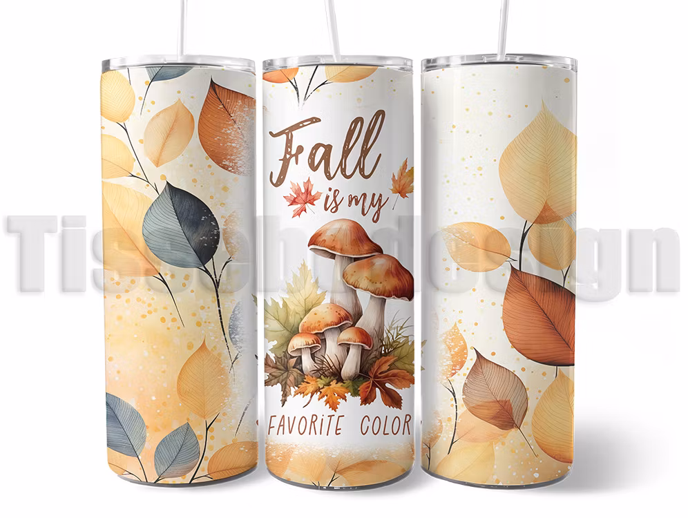 Vit tumbler - termomugg med höstmotiv och texten Fall is my Favorite Color, dekorerad med höstlöv och svampar, isolerad för varma och kalla drycker, med sugrör och rengöringsborste.