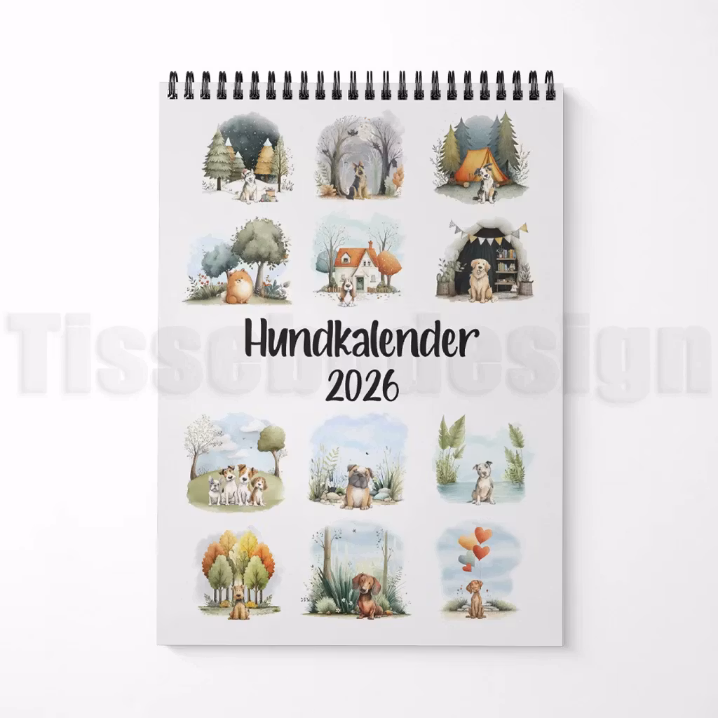 Tolv illustrerade hundmotiv samlade på kalenderns framsida