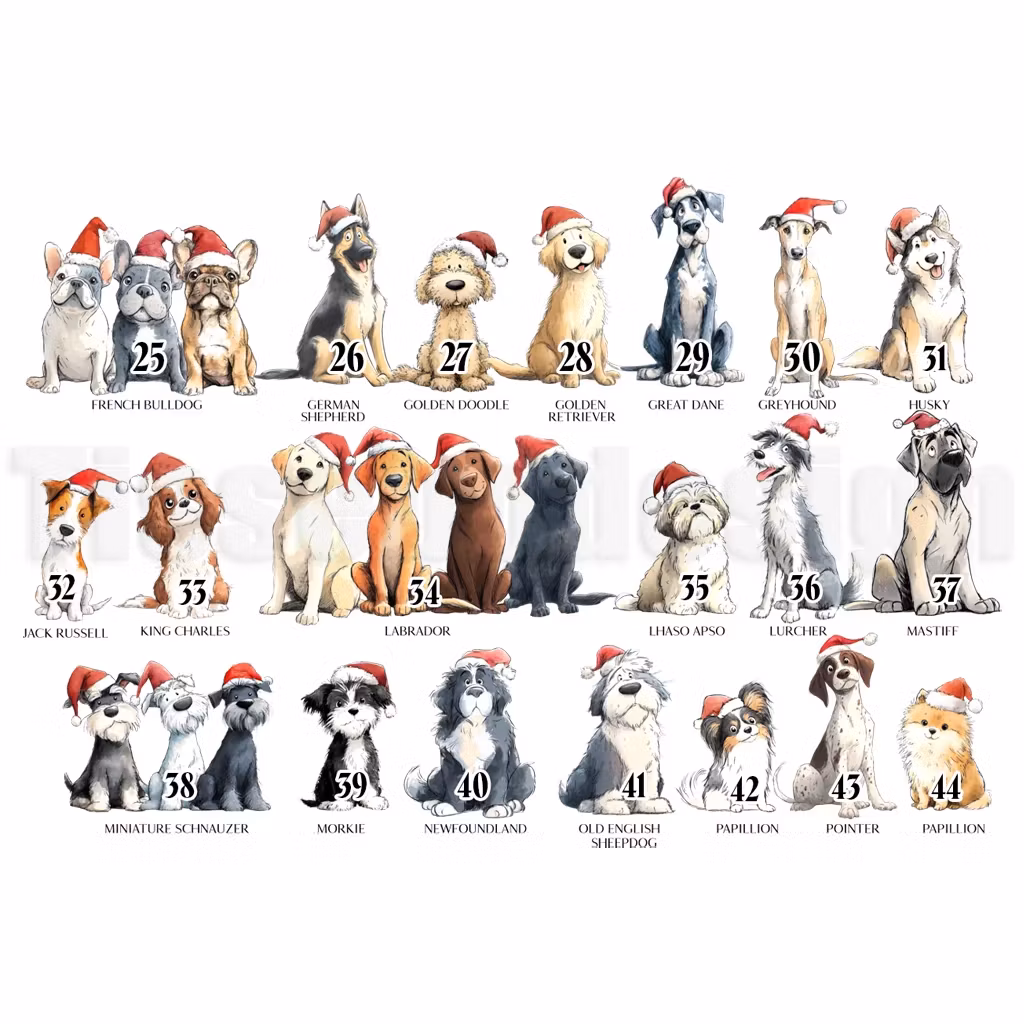 Översikt med valbara hundmotiv med tomteluvor för personliga julsäckar, nummer 25 till 44