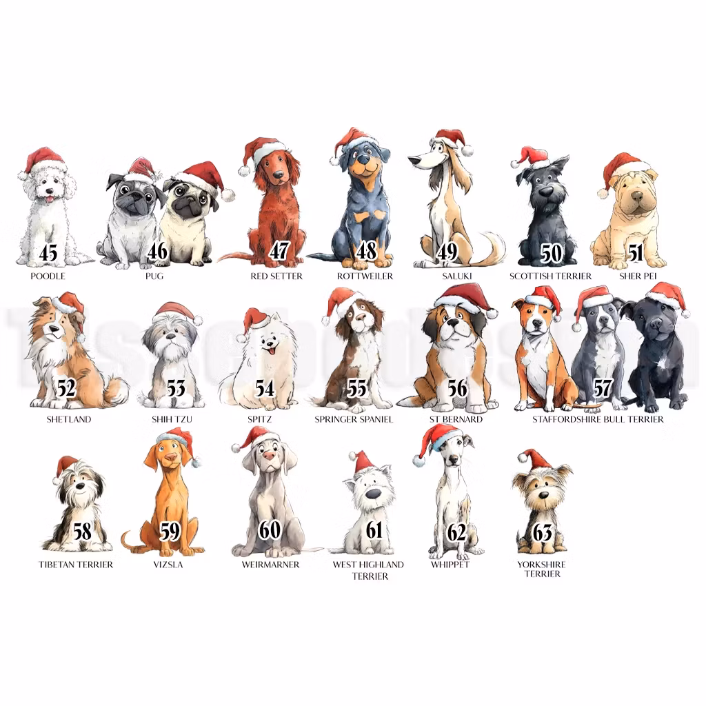 Översikt med valbara hundmotiv med tomteluvor för personliga julsäckar, nummer 45 till 63