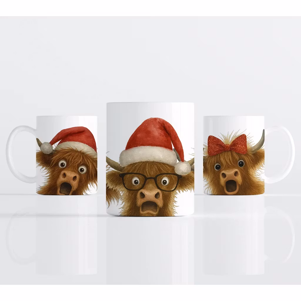 Julmotiv med flera Highland cows med tomteluvor, glasögon och rosett