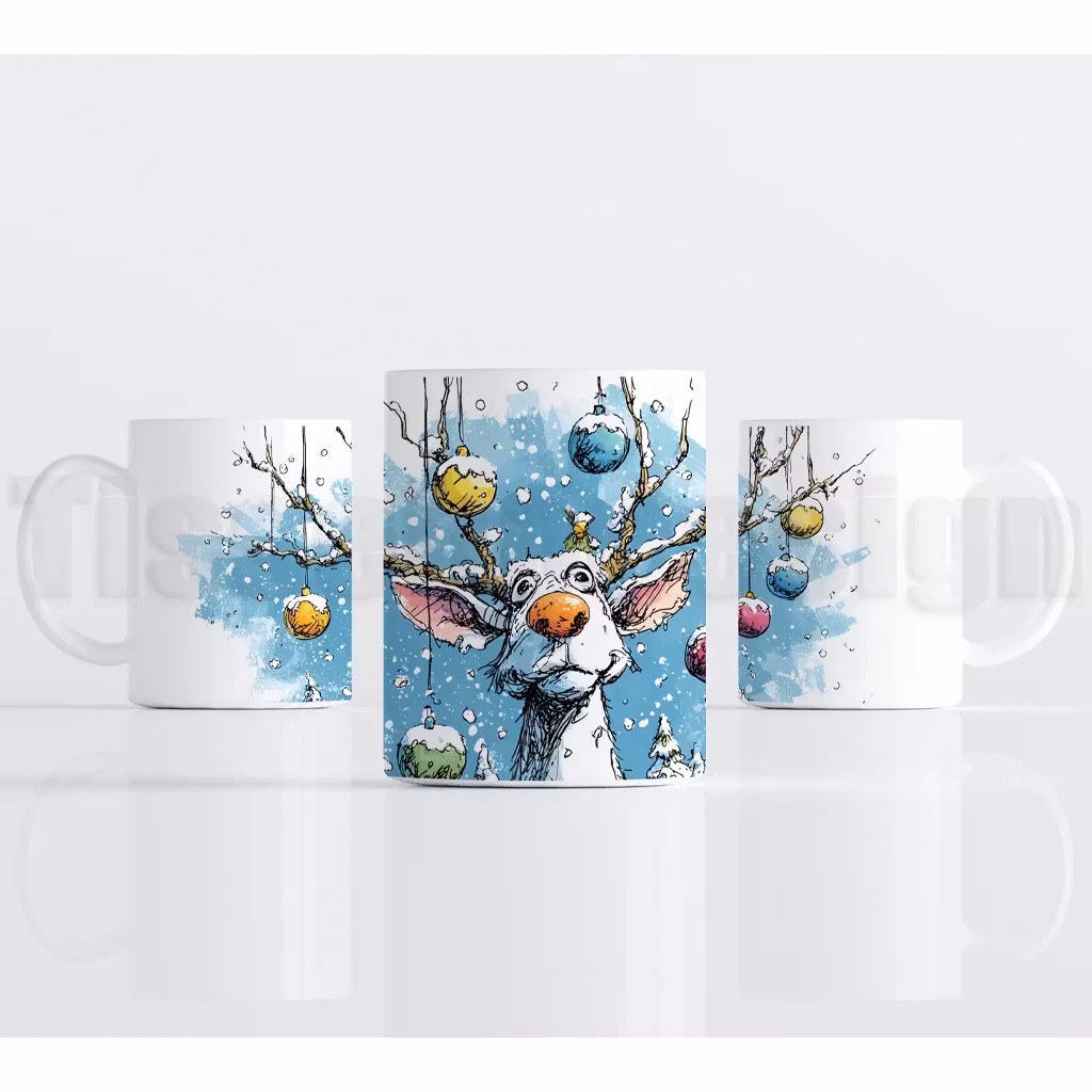 Julmotiv med isbjörn, snötäckta granar och färgglada julkulor