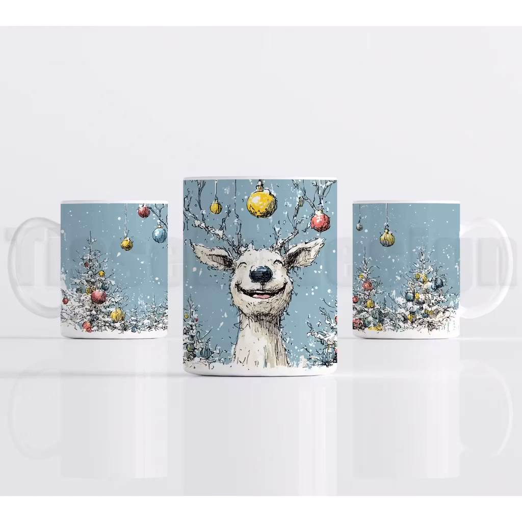 Julmotiv med leende ren, julkulor i hornen och snötäckta granar