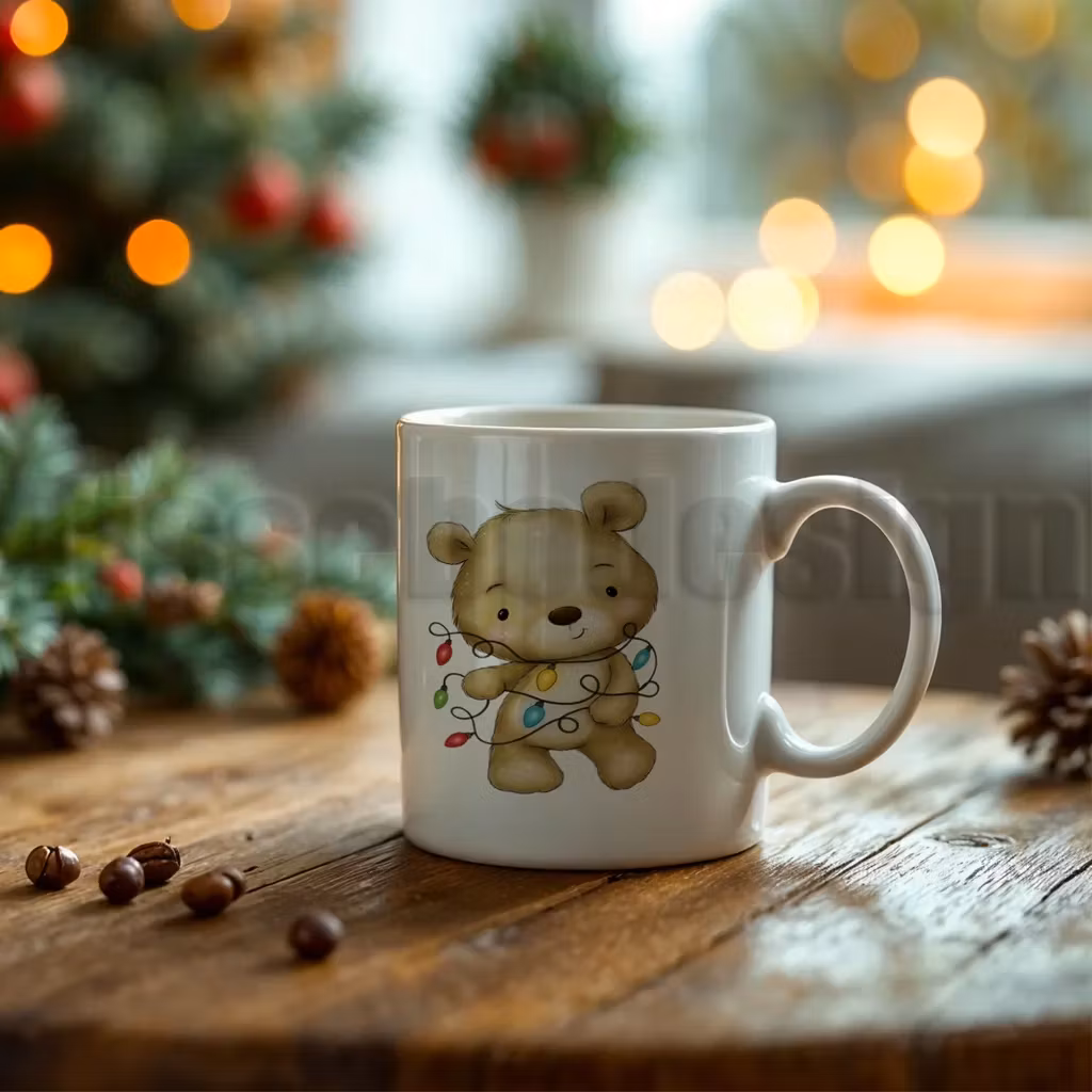 Vit julmugg med motiv av nalle som trasslat in sig i färgglada jullampor