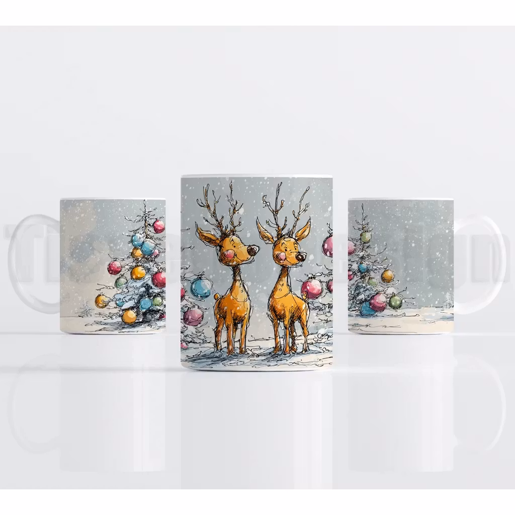 Julmotiv med två renar och snötäckta julgranar med färgglada kulor