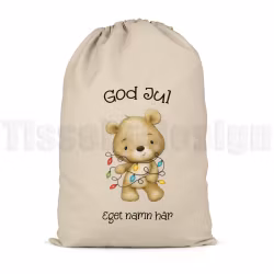Julsäck med nalle och ljusslinga – personlig säck där du väljer namn