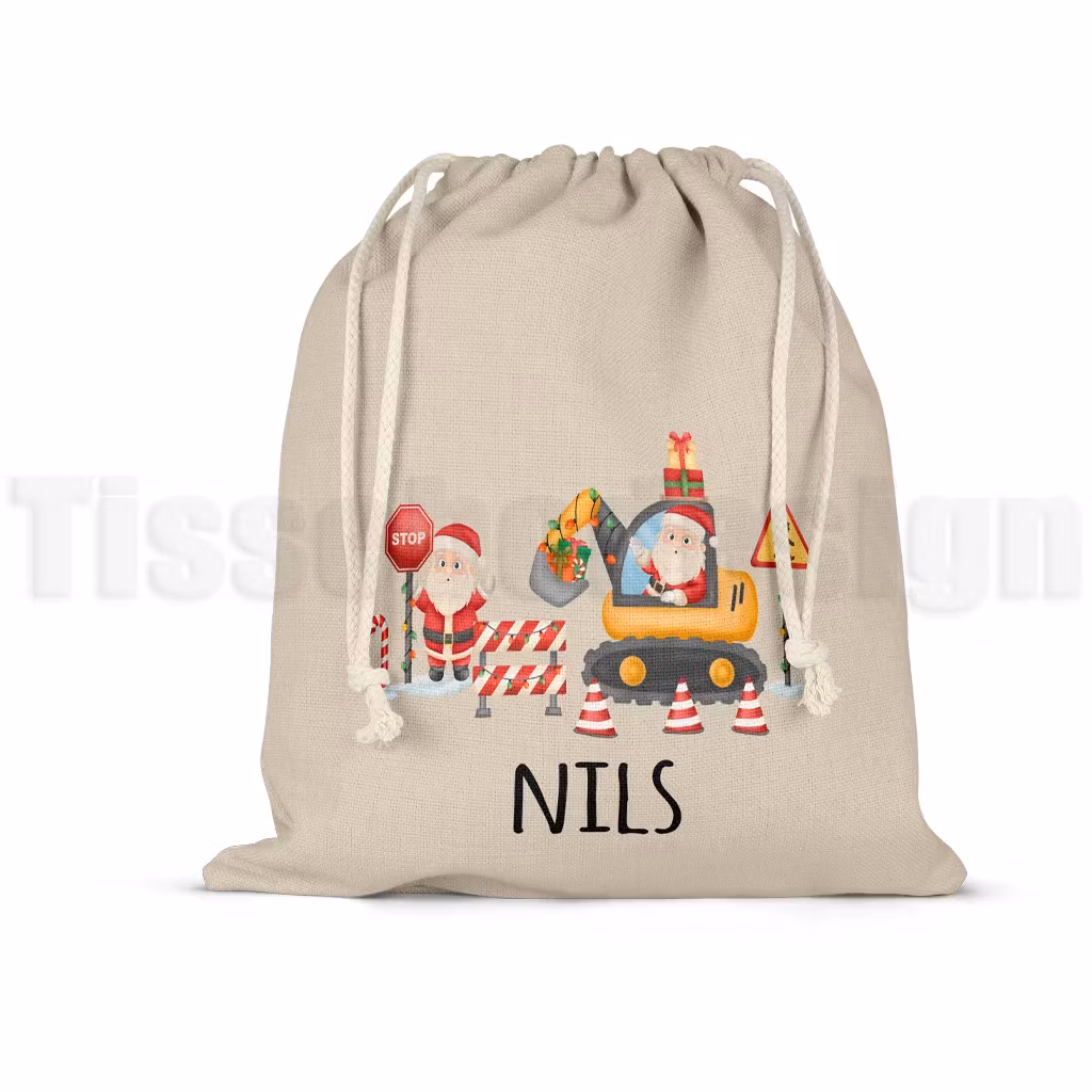 Tomte med grävmaskin och plats för eget namn