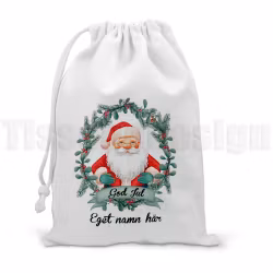 Julsäck – tomte med krans och eget namn