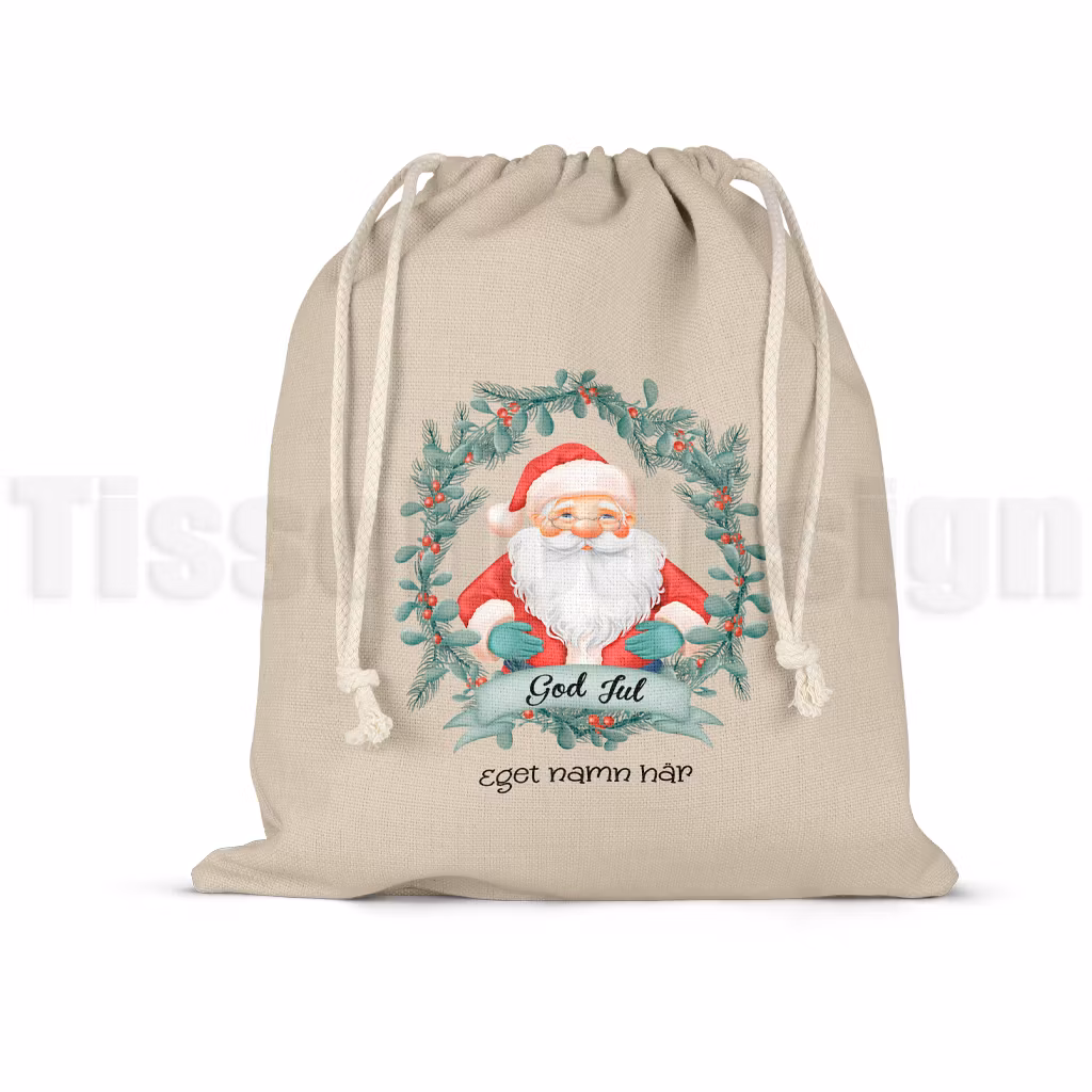 Julsäck med tomte i krans och texten God jul