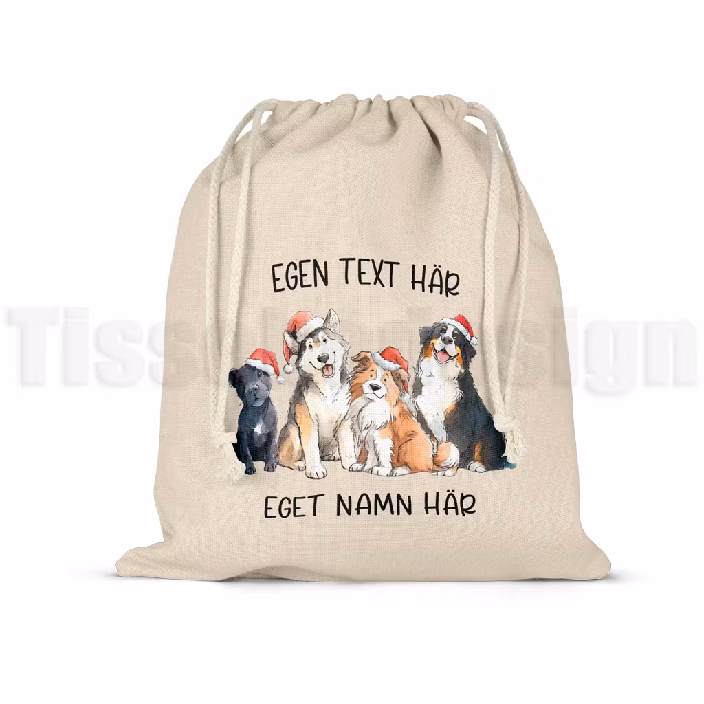 Julsäck i naturfärg med fem hundar i tomteluvor och fält för egen text och namn