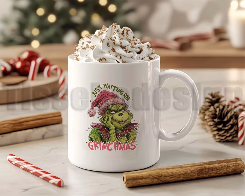 Vit keramisk mugg med texten "Just Waiting For Grinchmas", 330 ml, med tryck på båda sidor.