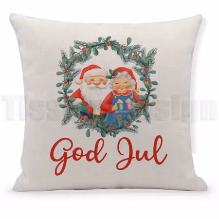 Kuddfodral God Jul – tomte och tomtemor i julkrans