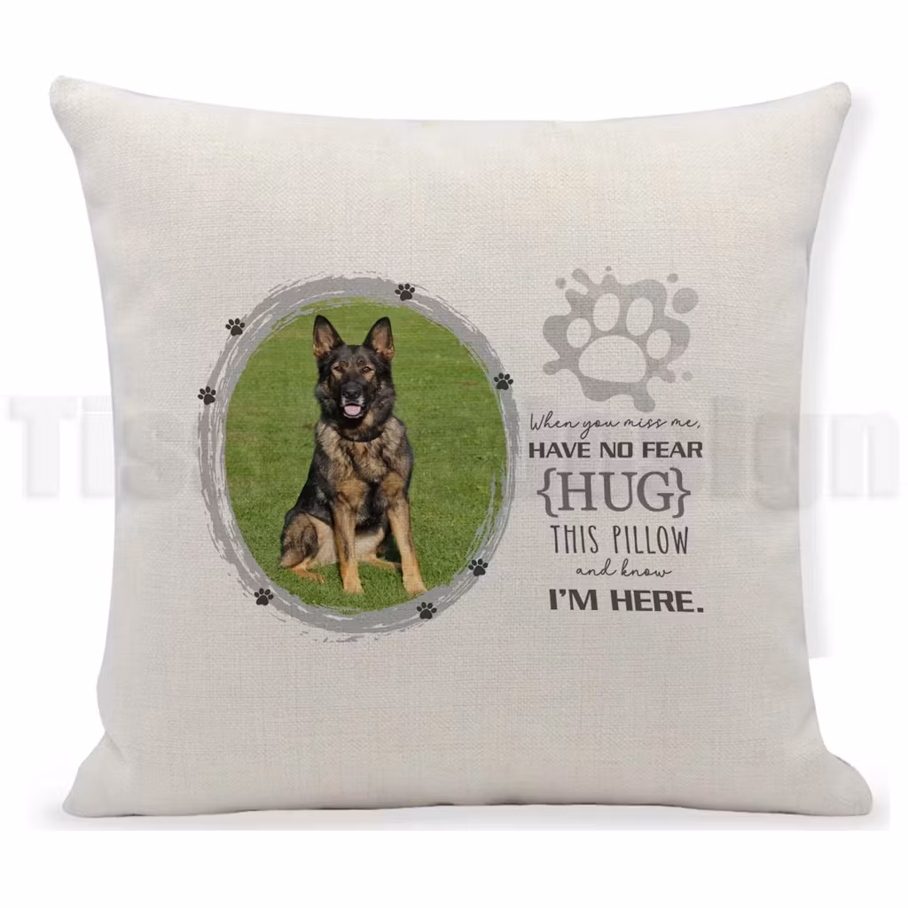 Kuddfodral med hundmotiv och tröstande text
