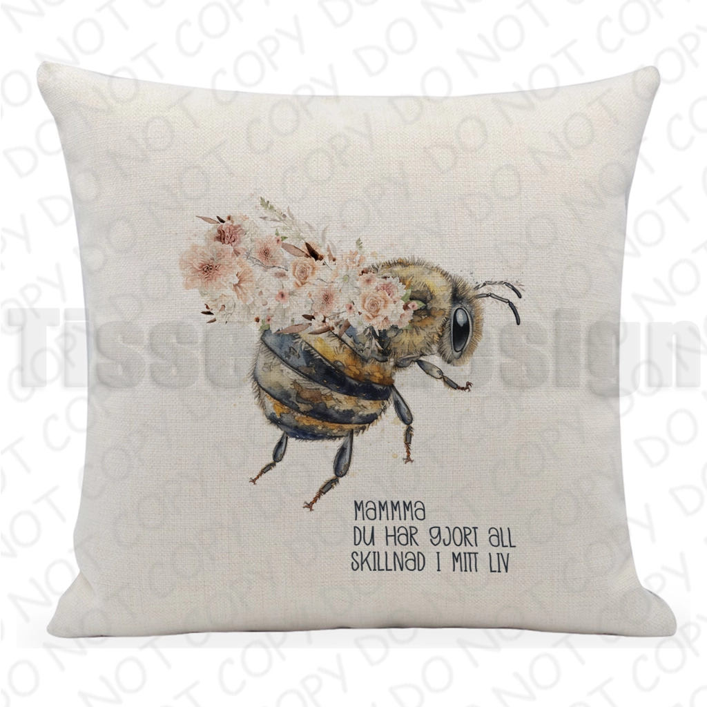 Kuddfodral med bi, ljusa blommor och text mamma du har gjort all skillnad i mitt liv