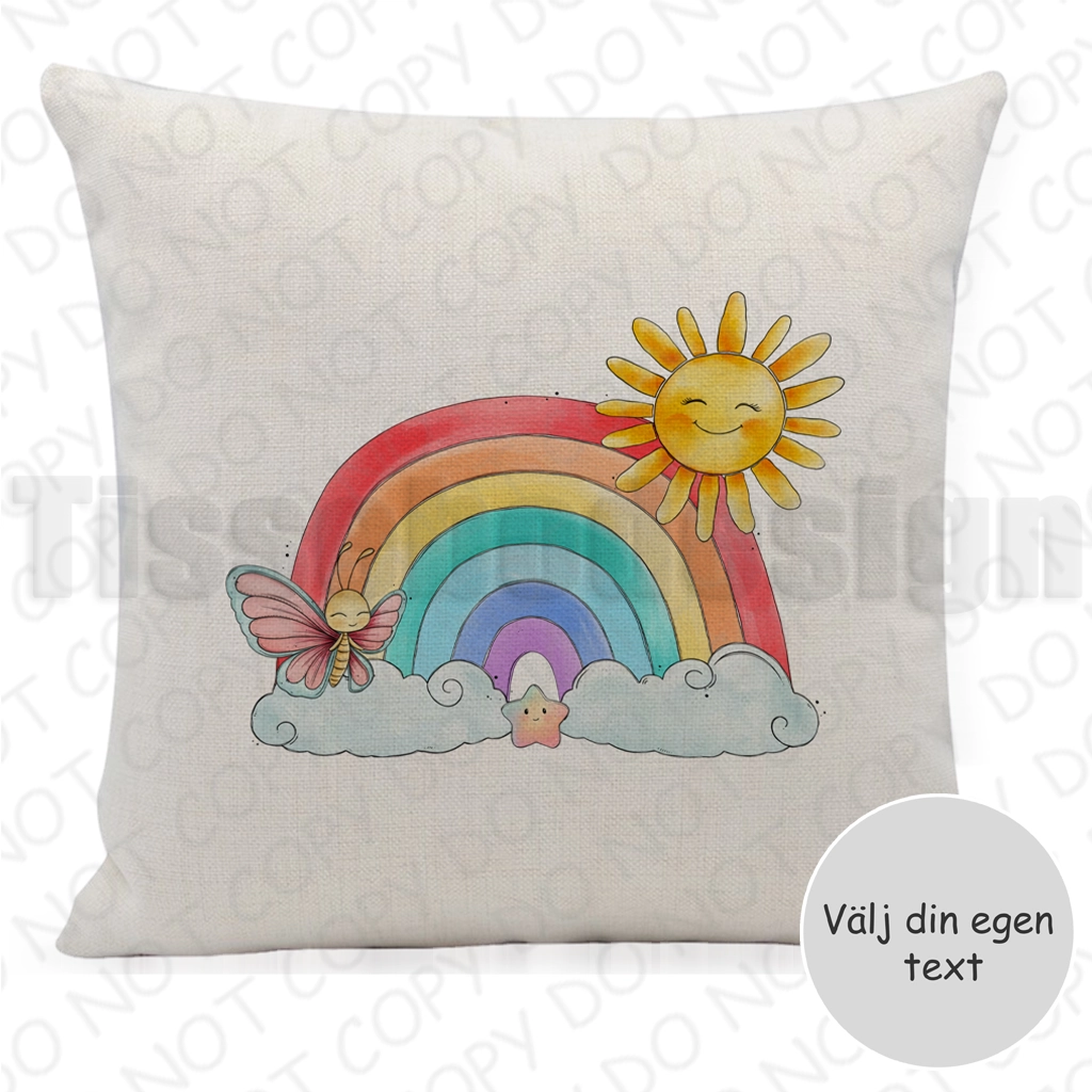 Kuddfodral med regnbåge, sol och fjäril – lekfull design