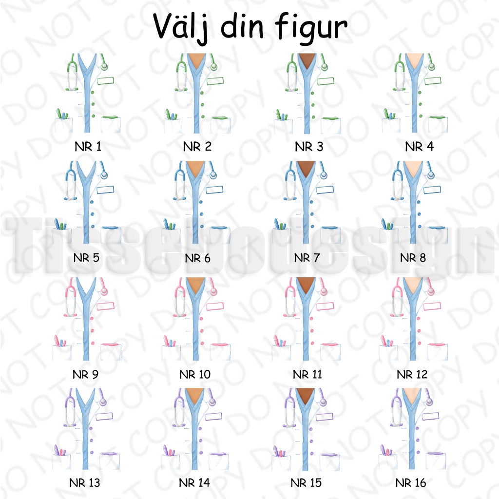 Översikt med 16 valbara figurer av vårdpersonal i arbetskläder med olika detaljer