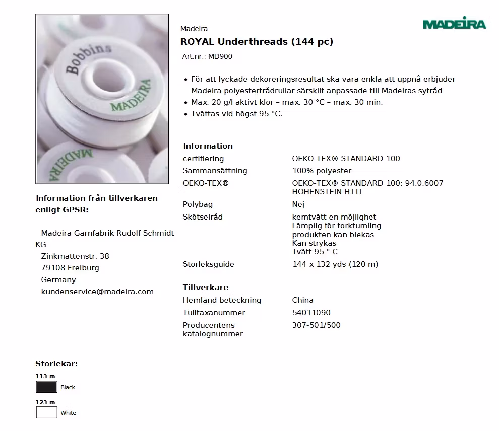Informationsblad för Madeira Royal Underthreads med foto på förspolade bobbins och produktdata