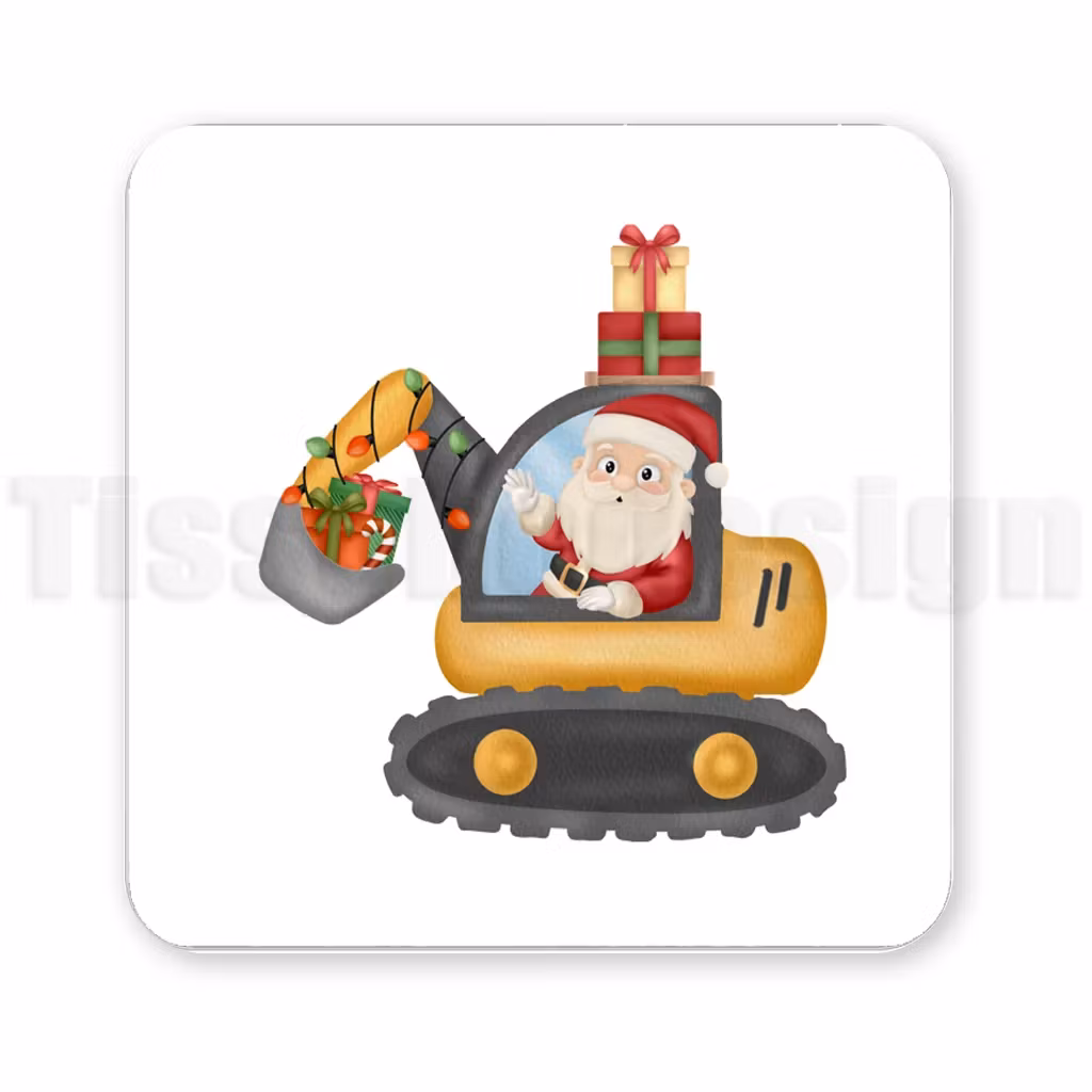 Julmagnet med tomte som kör gul grävmaskin med julklappar
