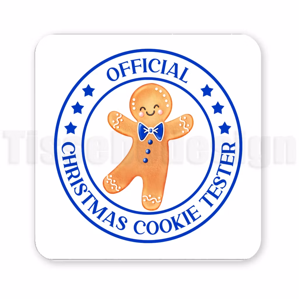 Magnet med pepparkakspojke i blått med texten Official Christmas Cookie Tester