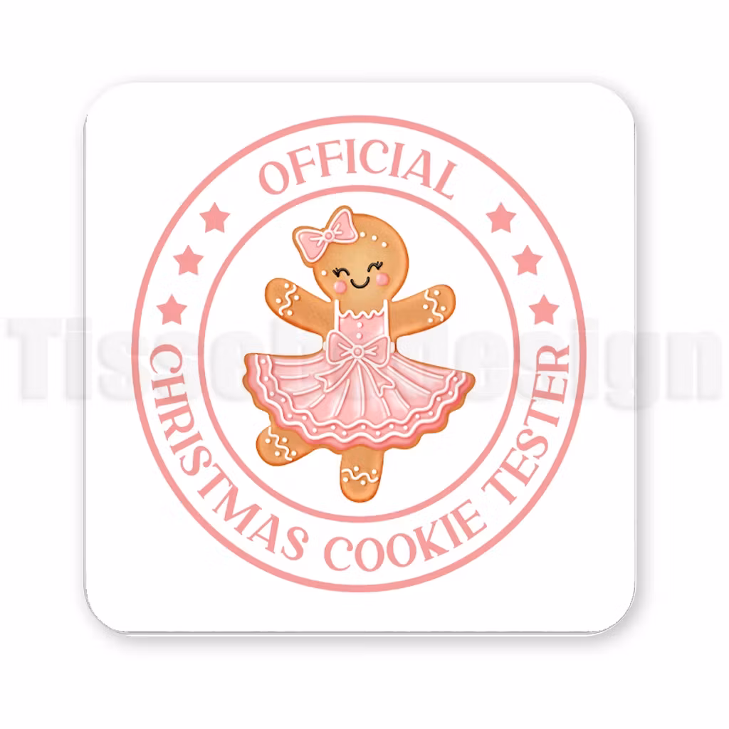 Magnet med pepparkaksflicka i rosa klänning med texten Official Christmas Cookie Tester