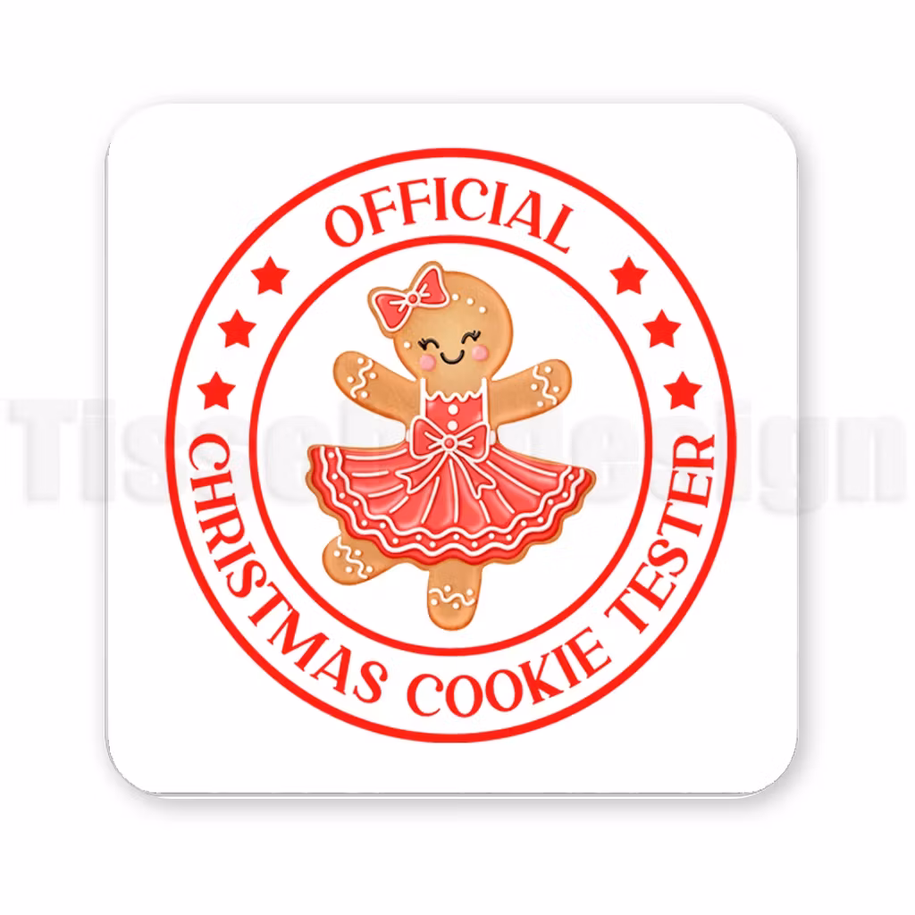 Magnet med pepparkaksflicka i röd klänning med texten Official Christmas Cookie Tester