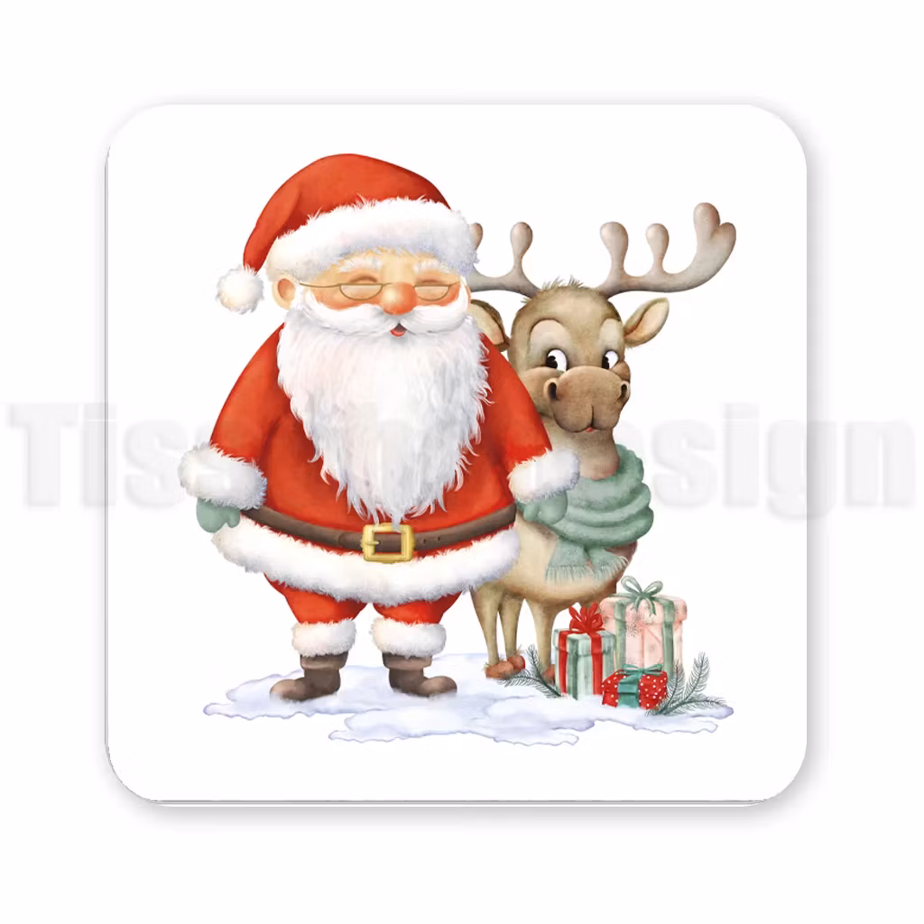 Tomte och ren står i snön med julklappar framför sig – magnet med klassiskt julmotiv.