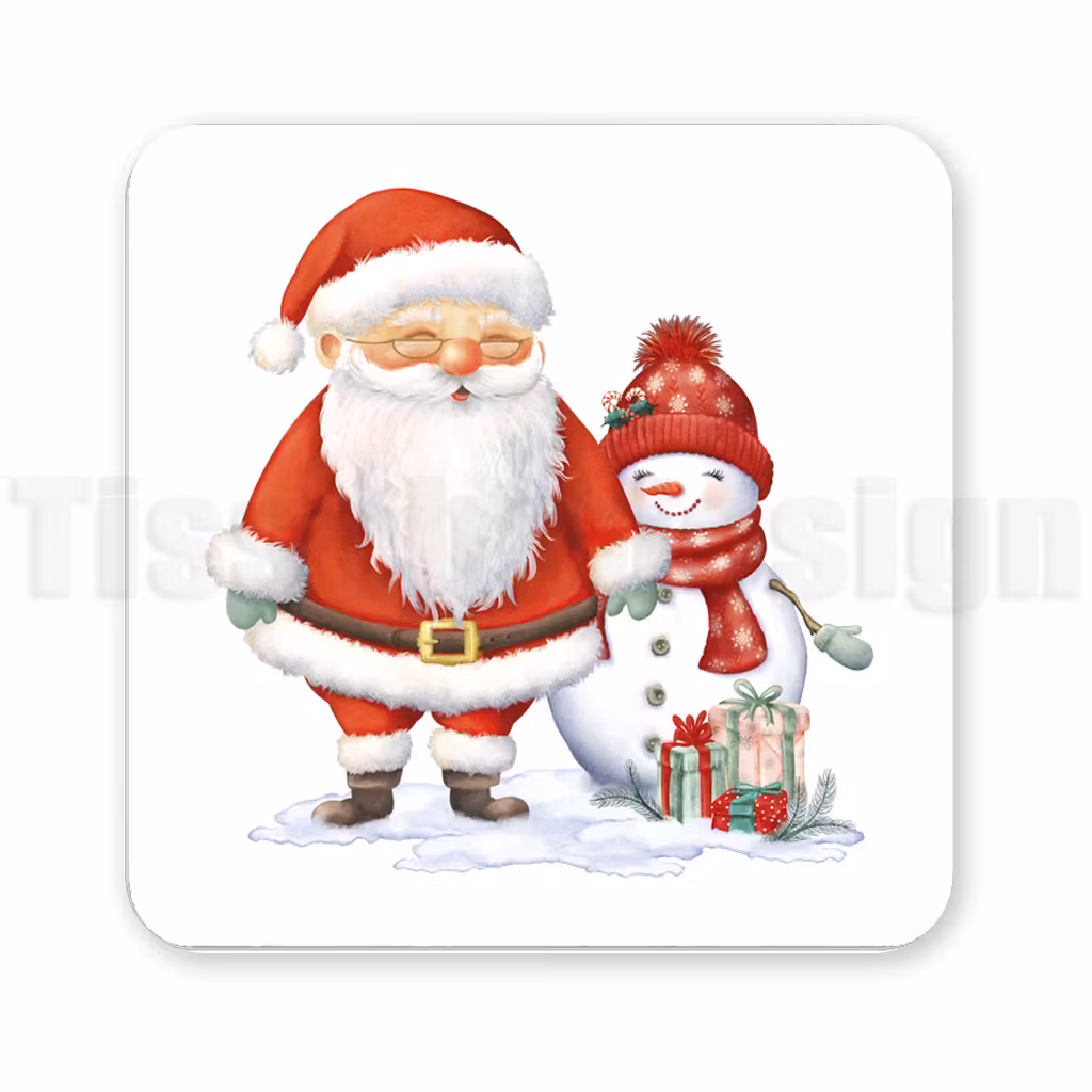 Tomte och snögubbe står i snön med julklappar framför sig – magnet med klassiskt julmotiv.