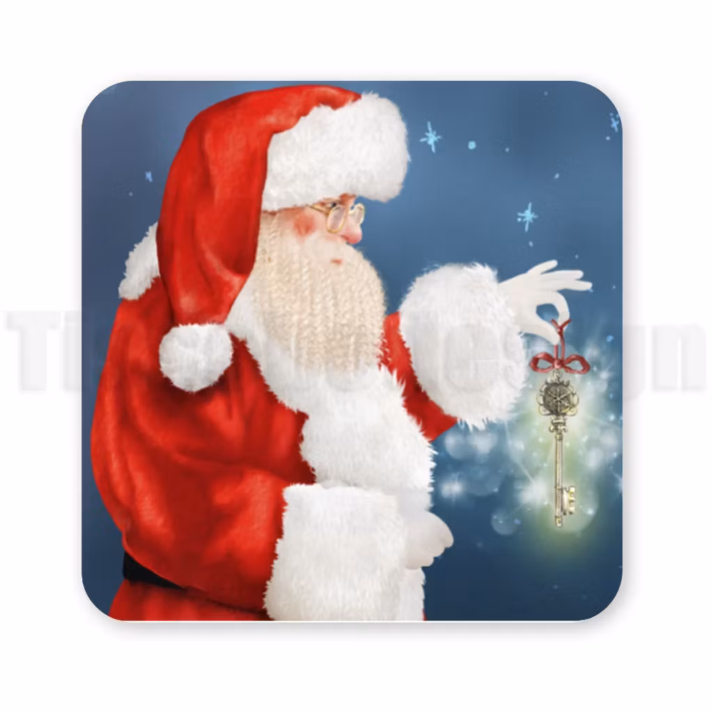 Tomte med ljus hy, röd dräkt och vitt skägg håller en lysande nyckel mot blå bakgrund – julmagnet med magiskt motiv.
