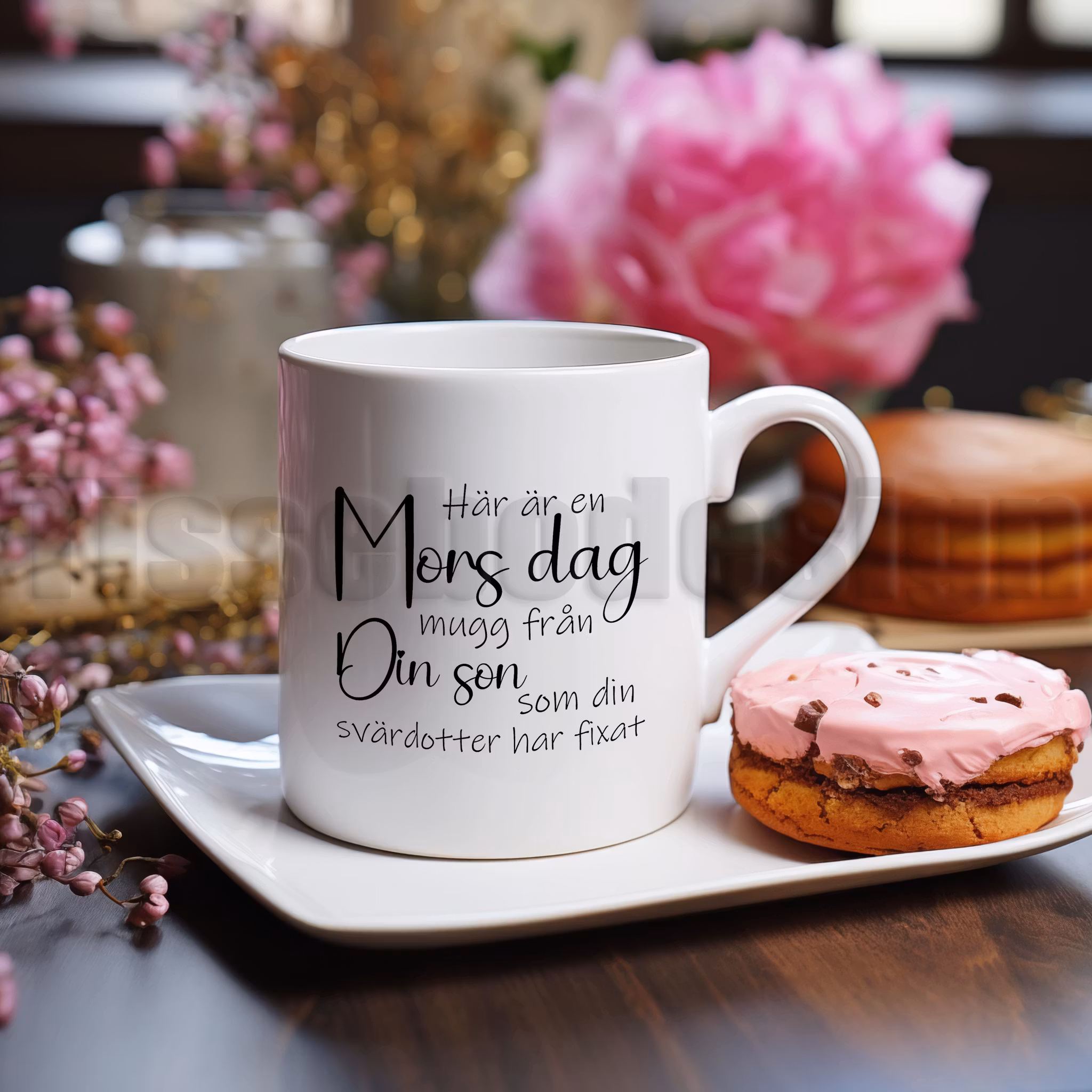 Mors dag-mugg från din son – fixad av svärdottern, vit mugg, motiv sett snett framifrån