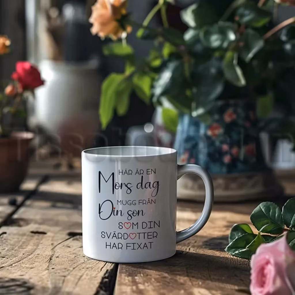 Mors dag-mugg från din son – fixad av svärdottern, vit mugg, motiv i miljöbild