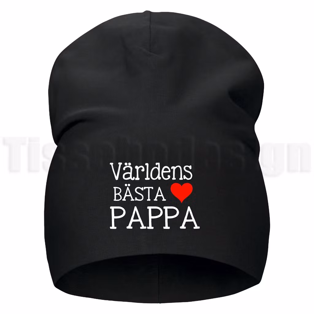 Svart mössa med vit text Världens bästa pappa och rött hjärta