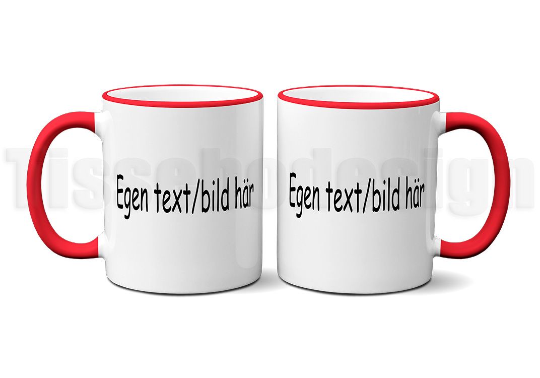 Personlig mugg med text 'Egen text/bild här' på vit bakgrund med röd kant och handtag.