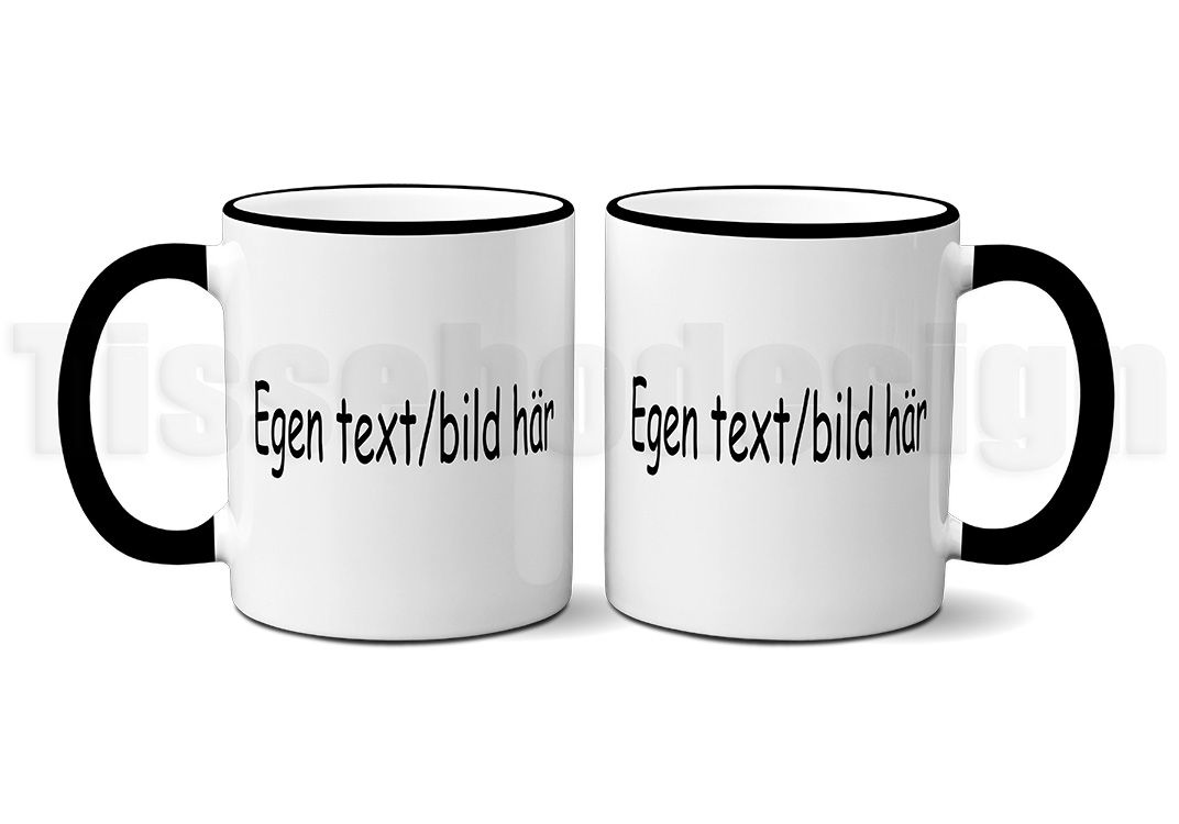 Personlig mugg med valfri text eller bild på vit yta, med svart kant och handtag.
