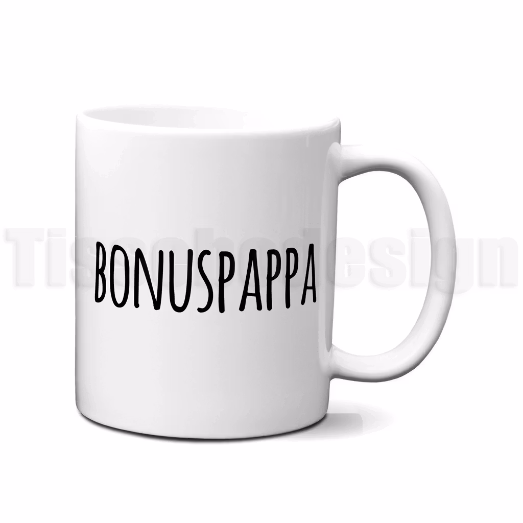 Vit mugg med svart text Bonuspappa