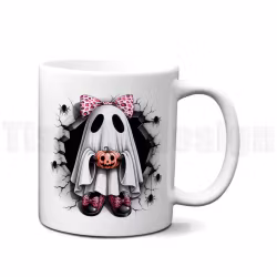 Mugg – Halloweenmugg med spöke och leopardrosett