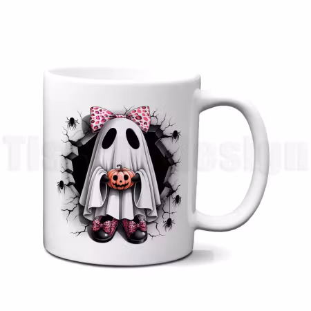 Mugg – Halloweenmugg med spöke och leopardrosett