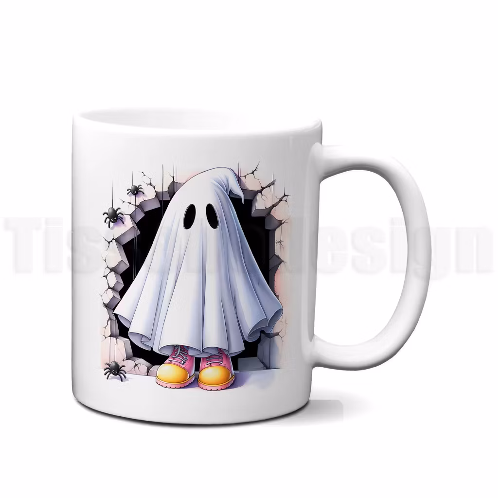 Vit mugg med spöke i färgglada skor framför sprucken vägg – lekfull Halloween-design