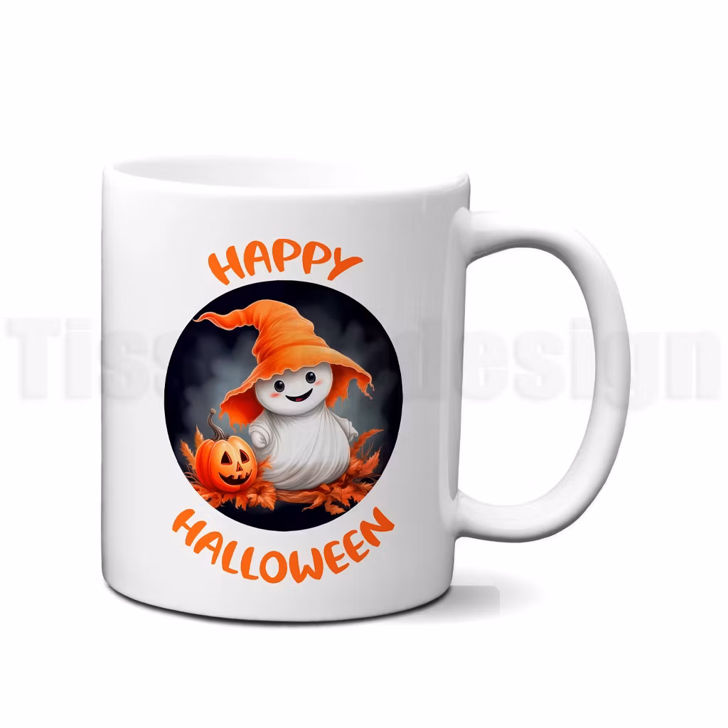 Vit mugg med motiv av spöke i orange hatt och pumpa samt texten Happy Halloween