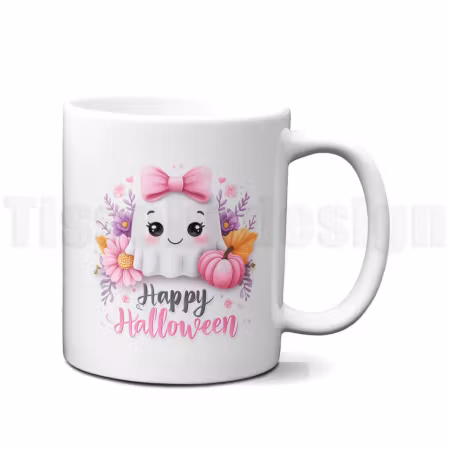 Mugg – Happy Halloween med rosa spöke och blommor