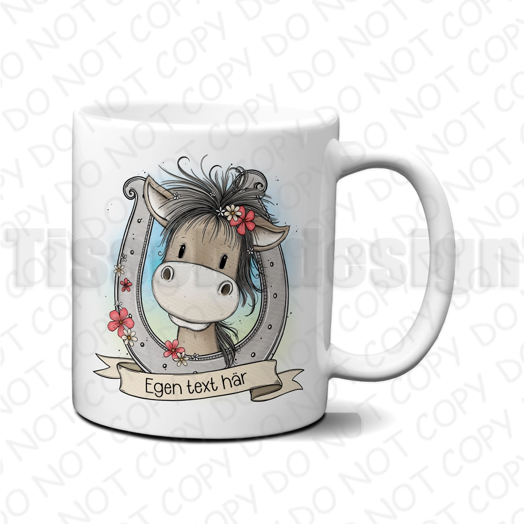 Mugg med beige häst i hästsko med blommor och banderoll för egen text