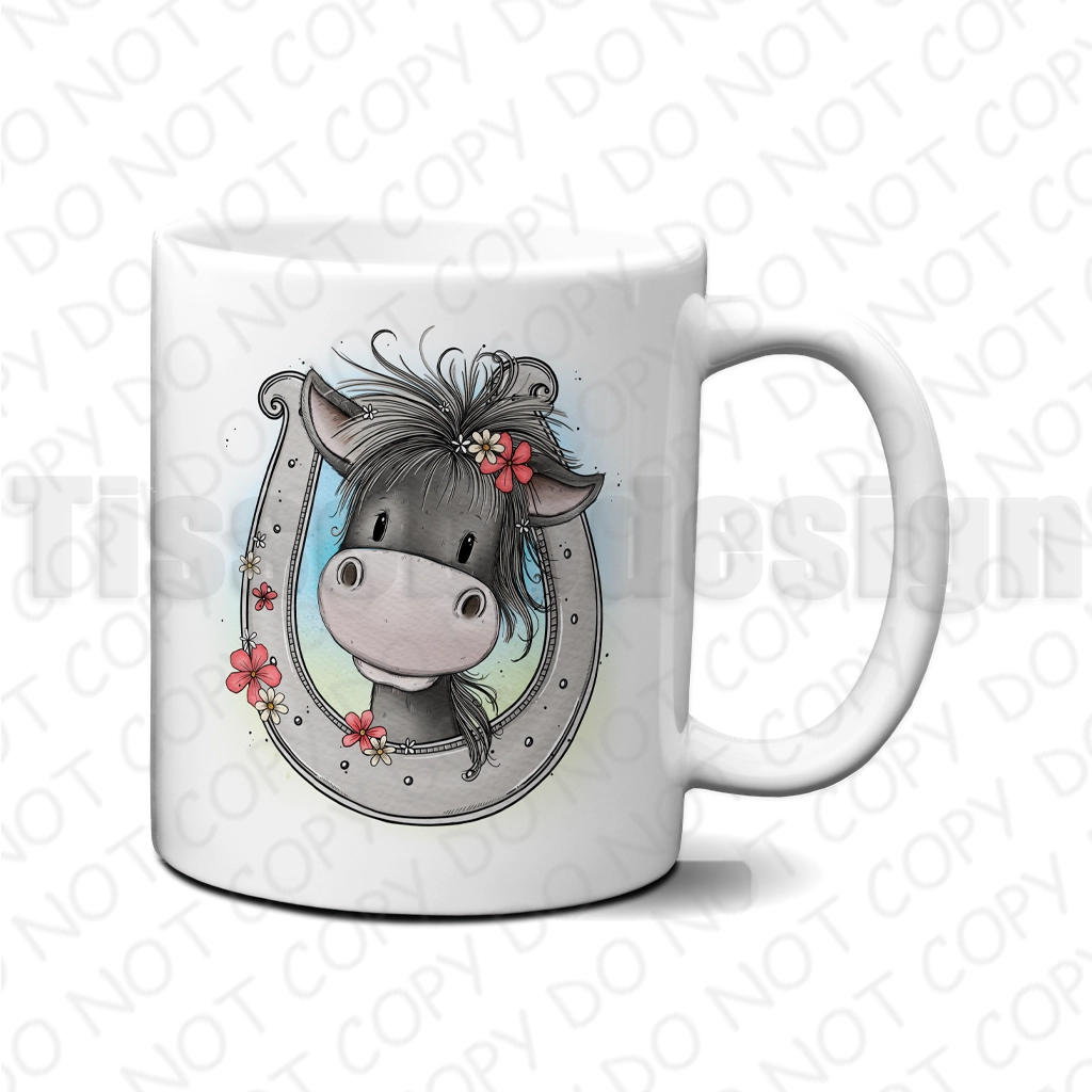 Mugg – Söt häst i hästsko med blommor