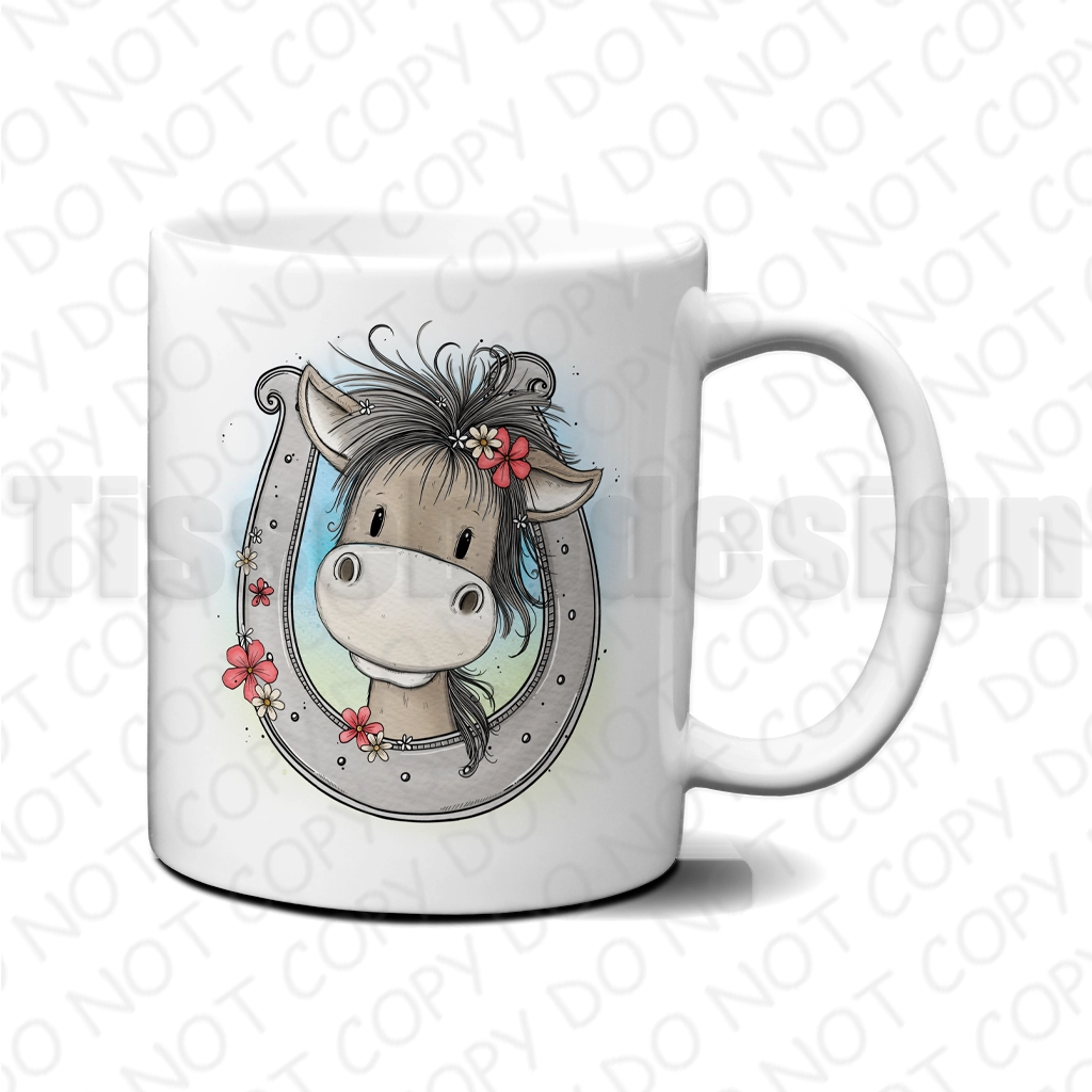 Mugg – Söt häst i hästsko med blommor