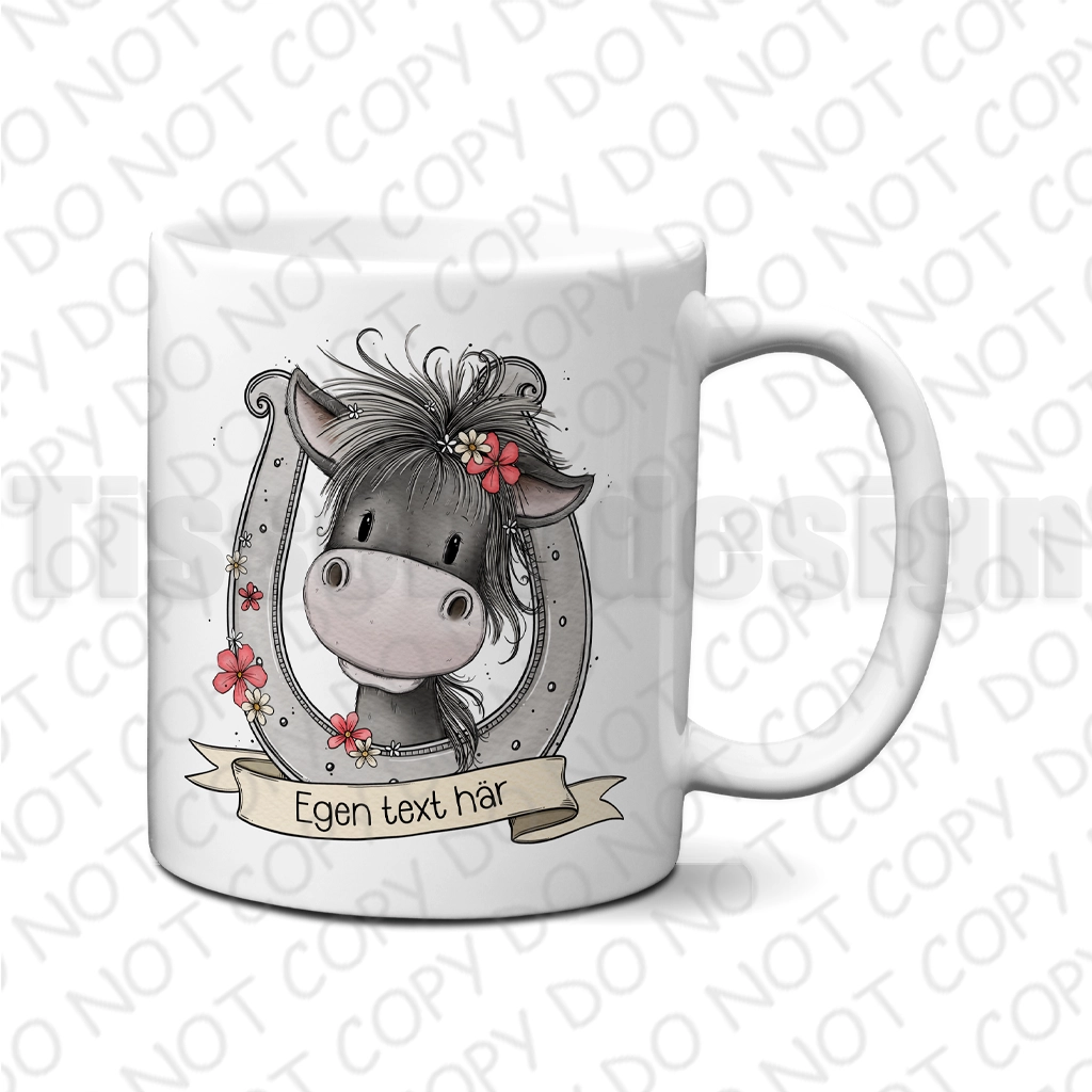 Mugg – Söt häst med blommor och egen text